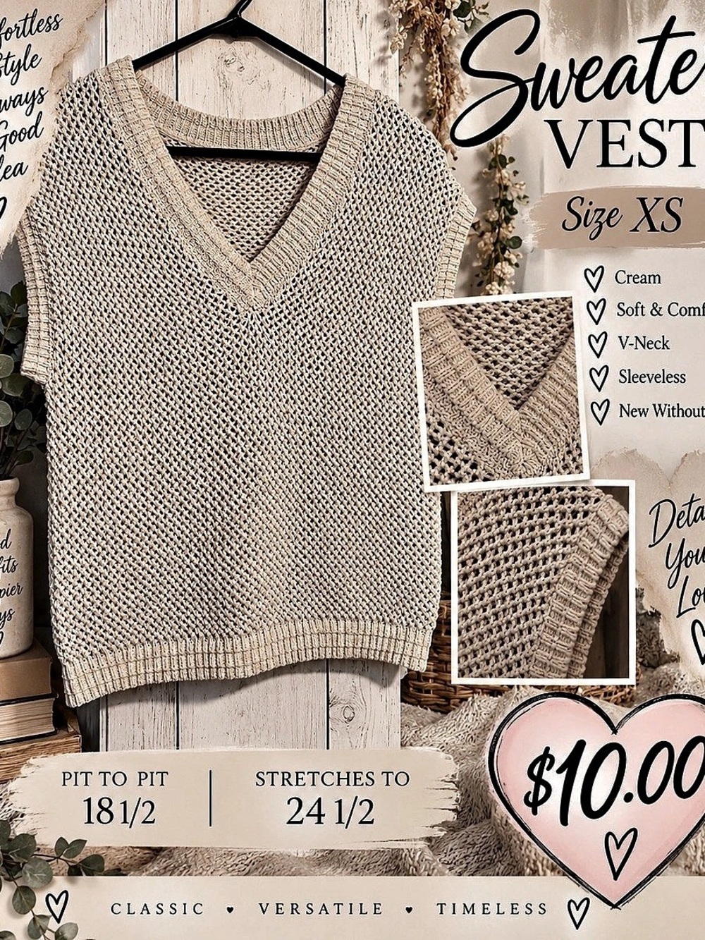 Women's Cream V-Neck Sweater Vest Size XS NWT